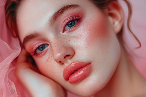 Portrait of beautiful young woman with doll-like features and pink makeup. KI generiert, generiert,