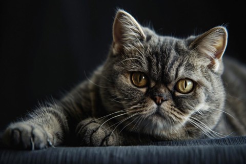 Cute British Shorthair cat on dark background. KI generiert, generiert, AI generated