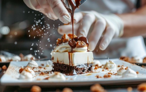Chef is decorating a dessert with berries and other delicious additions of sweets and whipped