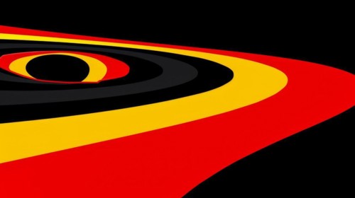 Bold abstract geometric design with concentric shapes in red, yellow, and black, AI generated