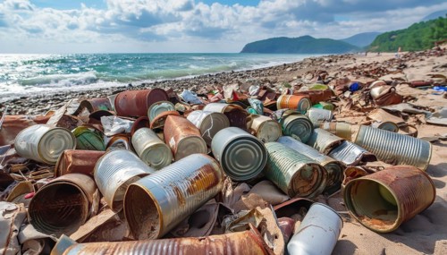 Symbol photo, many empty tin cans, partly crushed, rusty, dirty, lying on the beach, waste, AI