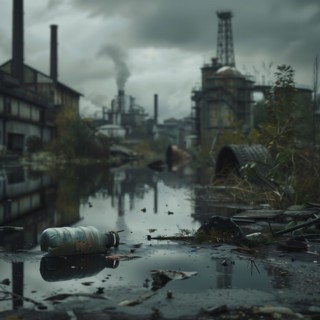 Gloomy industrial landscape with factories and waste in the water, pollution, environmental