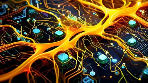 Ai generated conceptual illustration of a neuronal network with interconnected nodes pulsating in