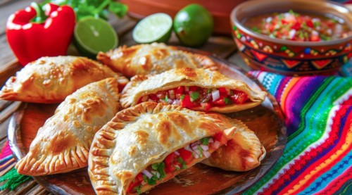 Tasty empanadas on a plate with colorful Mexican cloths as a background. National mexican food, AI