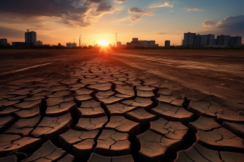 Drought climate change ecology solitude concept, dry dead tree in desert with a dry, cracked ground