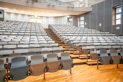 Rows of seats in an empty lecture theatre, interior photo, Department of Mechanical Engineering,