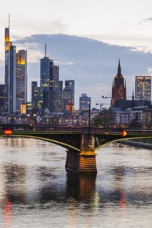Skyline and banking district at sunset, twilight, Tower 185, Commerzbank, HelaBa, Hessische