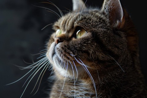 Cute British Shorthair cat on dark background. KI generiert, generiert, AI generated