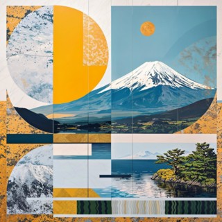 Graphic design with geometric representation of Mount Fuji with structured elements, Japan, AI