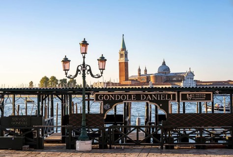 Hotel Danieli jetty, San Giorgio Maggiore church behind, in the morning light, Venice, Veneto,