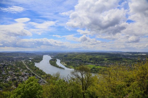 View from the Drachenfels, mountain in the Siebengebirge to the Rhine with Nennenwerth Island