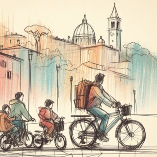 Family on a bike ride along a waterfront cityscape during sunset, sketched with soft colors, AI