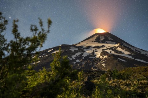 Starry sky over the Villarrica volcano, Villarrica Volcano, Villarrica National Park, Araucania,