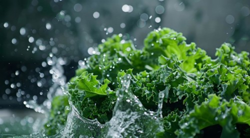 Fresh bunch of green kale floating in water. A concept of vegetarian lifestyle and vegetarian diet,