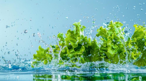 Fresh bunch of romaine lettuce floating in water. A concept of vegetarian lifestyle and vegetarian