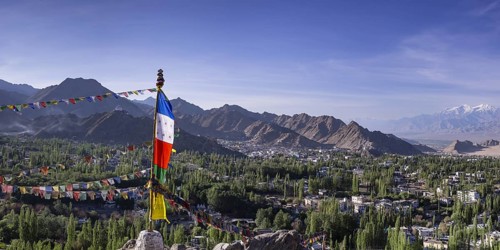 Panorama over Leh and the Namgyal Tsemo Gompa monastery on Tsenmo Hill, a viewpoint over Leh,