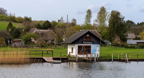 Landscape at the ferry house of the connecting canal Baabe-Selin-Moritzdorf, Seliner See, Ruegen,
