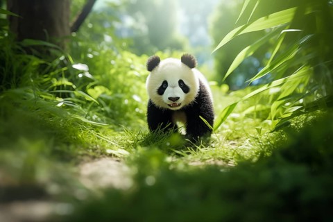 Cute panda cub in a lush bamboo grove, The image showcases the beauty and serenity of nature and