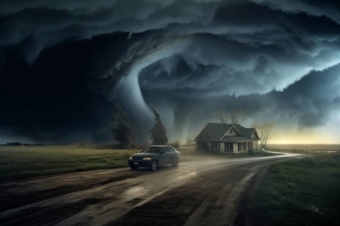 Disaster catastrophe storm concept, tornado in a field in the USA with wooden house and car on road