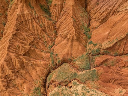 Top down view, gorge with eroded red sandstone rocks, Konorchek Canyon, Boom Gorge, aerial view,