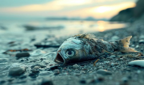 Dead fish washed ashore on a polluted beach, environment and ecological problems AI generated