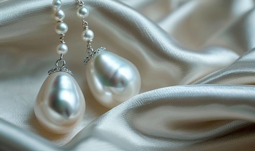 Pair of pearl drop earrings delicately arranged on a smooth satin material background AI generated