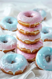 Stack of donuts with pastel pink and blue glazing. KI generiert, generiert, AI generated