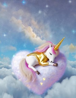 Magical unicorn rests on a heart-shaped cloud amongst a starry sky, AI generated