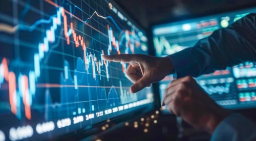 A man is pointing at a graph on a transparent screen showing market and economy trends, AI