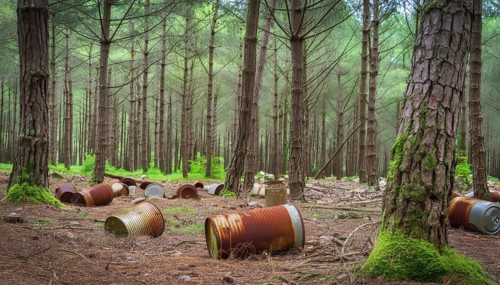 Symbolic photo, a forest of thick tree trunks, many rusty tin cans on the ground, waste,