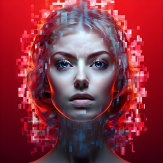 AI generated female human head digitalised in pixel art style presenting a mosaic of vibrant hues