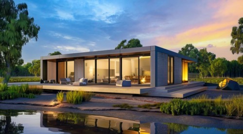 A large private house villa with a pool and a garden. Modern architecture with bright big