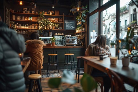 Warm and inviting cafe interior with customers enjoying the ambiance, AI generated