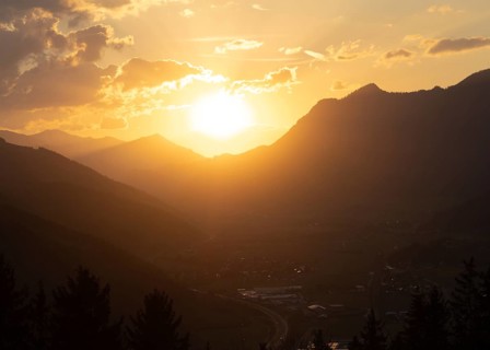 Sunset over the Liesingtal, in the evening light the village of Traboch, Schoberpass federal road,