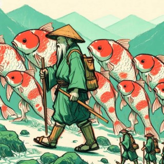 Surreal illustration of a cloaked traveler with a staff walking through a fantasy landscape