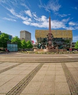 Gewandhaus, Mendebrunnen and Europa-Haus on Augustusplatz, Leipzig, Saxony, Germany, Europe