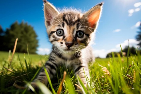 Playful Cute Kitten outdoors in Sunlit Grass. Kitten excitement and wonder as it explores the