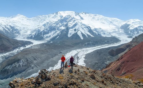 Aerial view, panorama, high mountain landscape with glacier moraines and glacier tongues, glaciated
