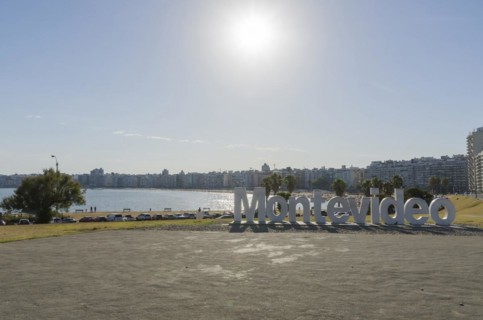 Montevideo, Uruguay, 11th January 2022, Montevideo sign on Pocitos beach, a very busy place for