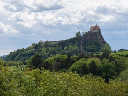 Forest edge, Riegersburg Castle in the background, Styrian volcanic country near Riegersburg,