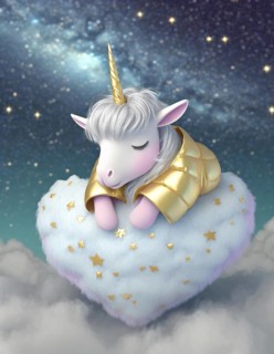 Illustrated unicorn with a golden mane sleeps on a cloud amidst a starry night sky, AI generated