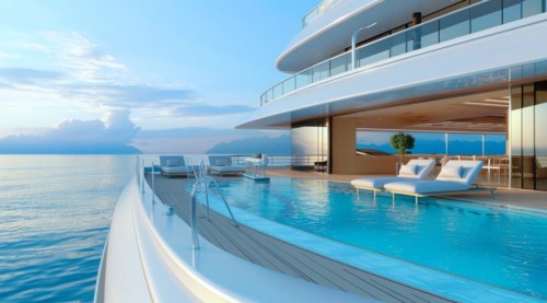 A large luxury yacht with a pool on the side of it. The pool is surrounded by a railing and has a