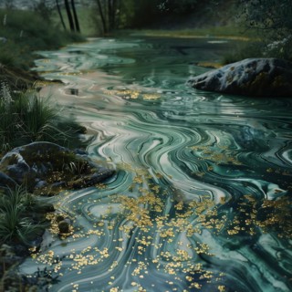A calm river with glittering golden leaves, surrounded by grass and stones, oil in a river,