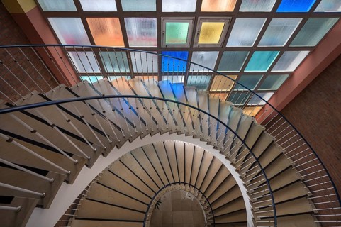 Staircase with coloured window panes from the 1950s in a public building, Nuremberg, Middle