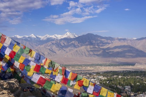 Panorama from Tsenmo hill over Leh and the Indus valley to Stok Kangri, 6153m, Ladakh, Jammu and