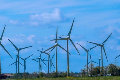 Wind turbines in the Luetetsburg wind farm on the North Sea coast, Hagermarsch, East Frisia, Lower