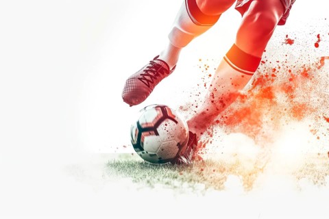 A soccer player kicks a ball on a field. Concept of action and excitement, as the player is in the