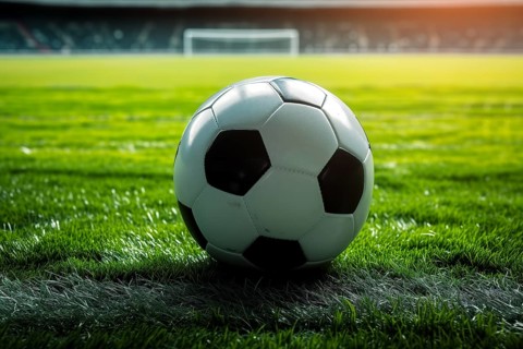 A soccer ball on a green field in soccer football stadium in evening on sunset with floodlights