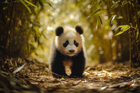 Cute panda cub in a lush bamboo grove, The image showcases the beauty and serenity of nature and