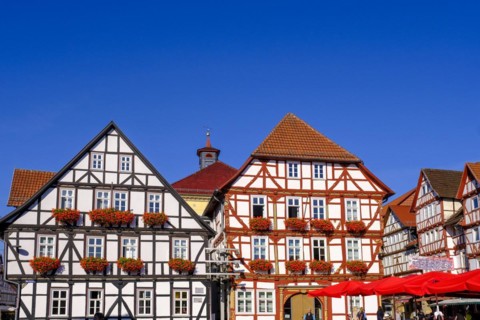 Old town hall, half-timbered houses, market square, Eschwege, Werratal, Werra-Meissner district,